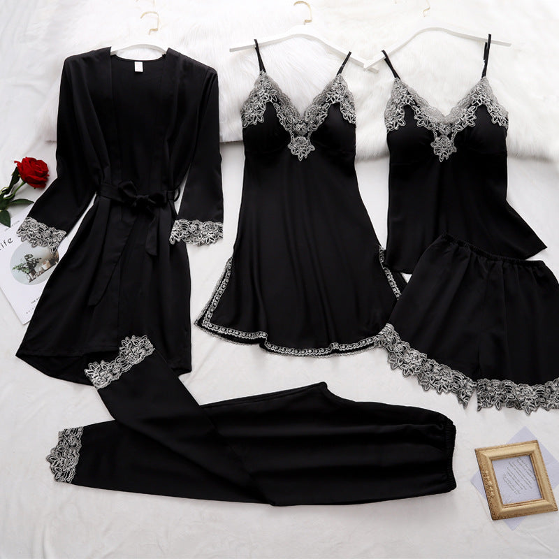 5-Piece Women’s Satin Pajama Set – Kimono Robe, Camisole & Pants Sleepwear