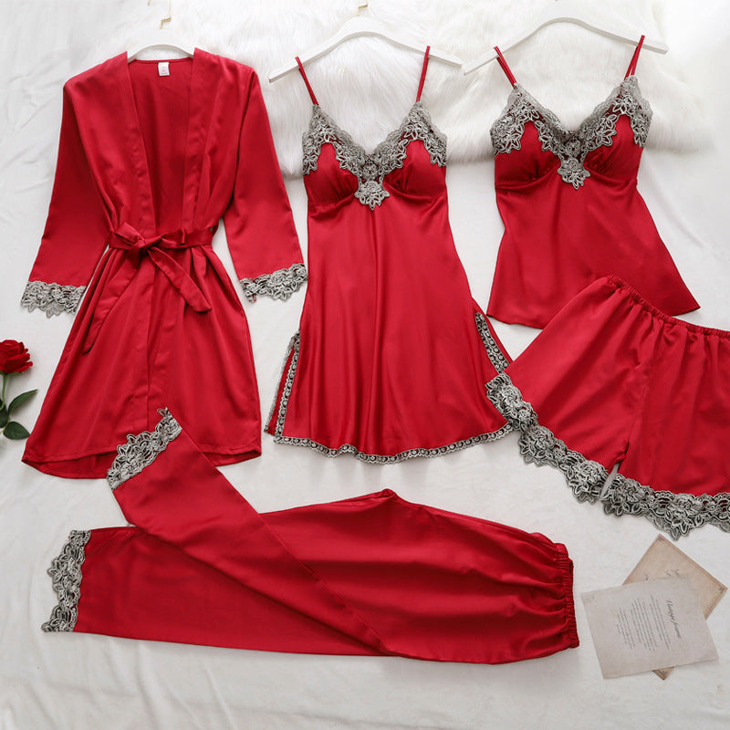 5-Piece Women’s Satin Pajama Set – Kimono Robe, Camisole & Pants Sleepwear