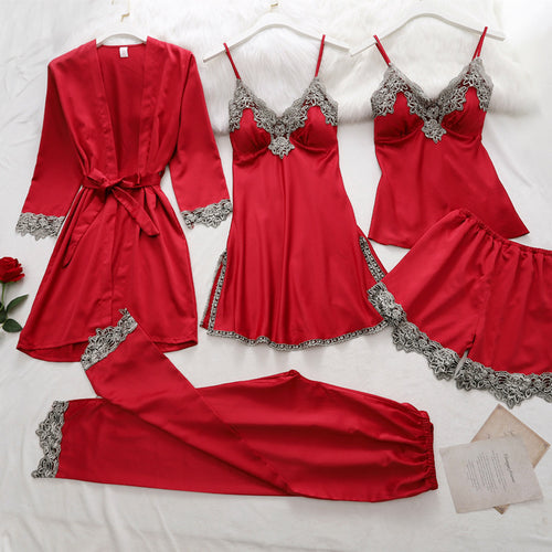 5-Piece Women’s Satin Pajama Set – Kimono Robe, Camisole & Pants Sleepwear