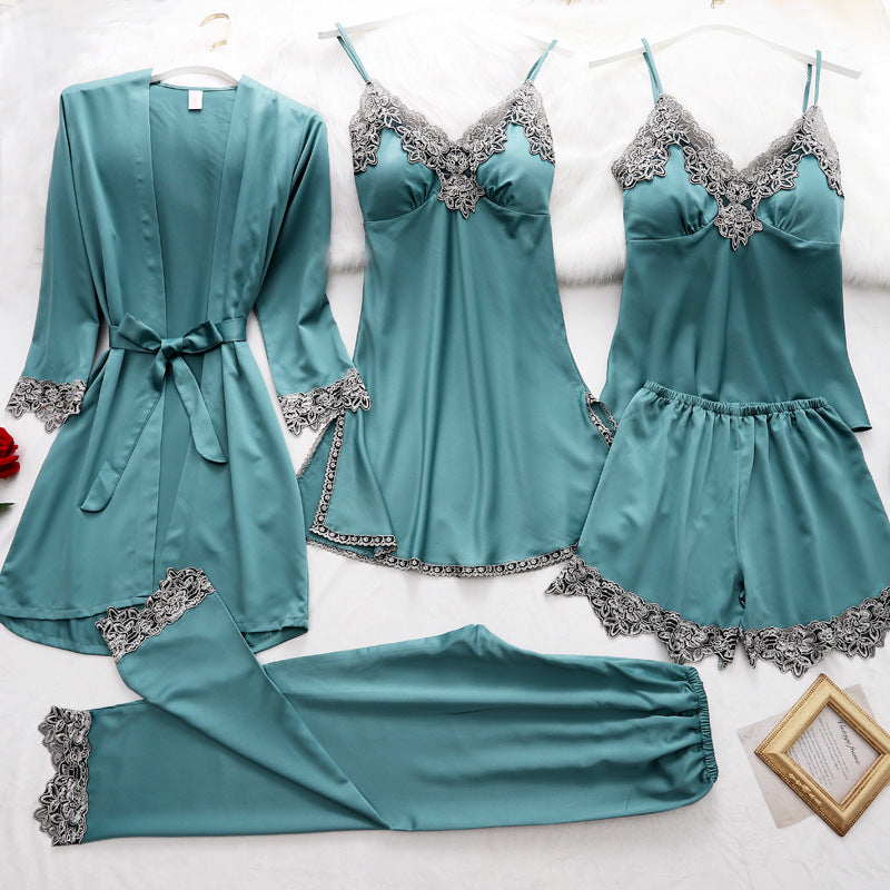 5-Piece Women’s Satin Pajama Set – Kimono Robe, Camisole & Pants Sleepwear