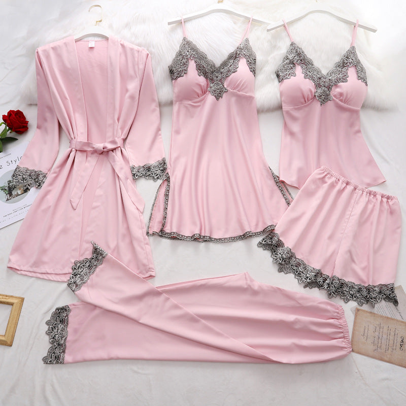 5-Piece Women’s Satin Pajama Set – Kimono Robe, Camisole & Pants Sleepwear
